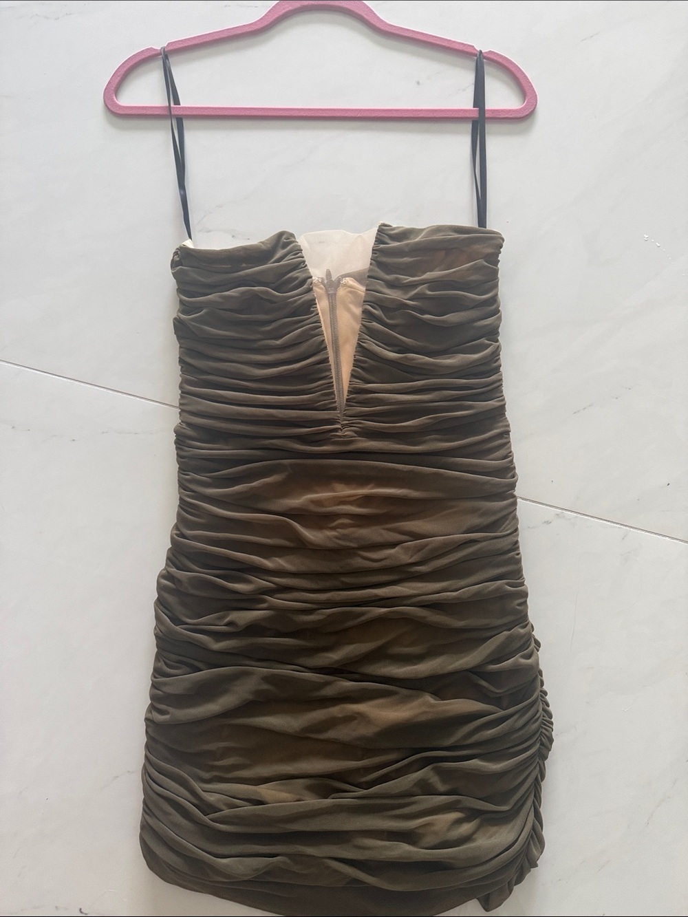 Michael Costello Olive Ruched Mini Dress with Nude V-Insert
